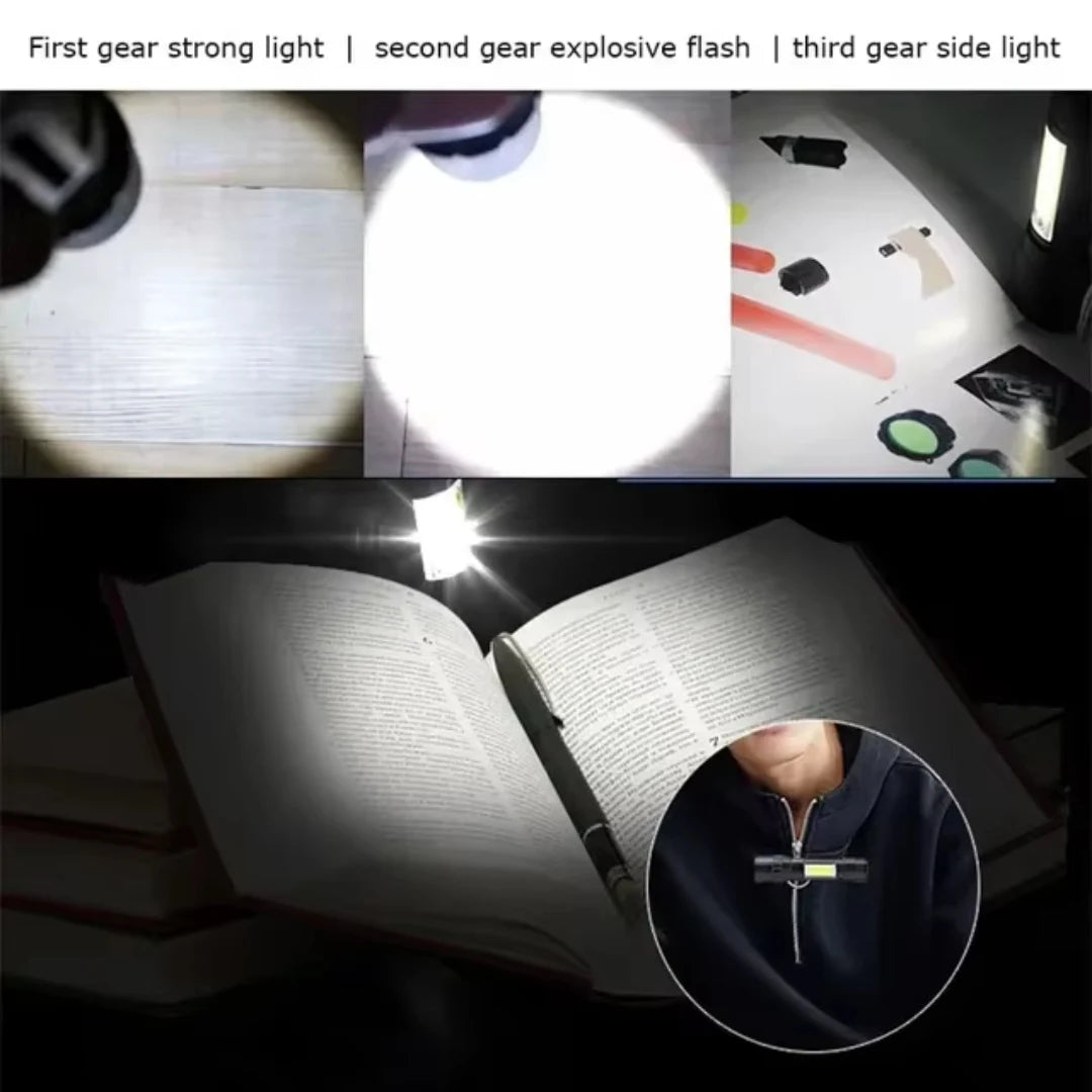 Lighting device with different modes shown on a book and pen.