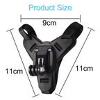 Black camera mount with measurements on a white background