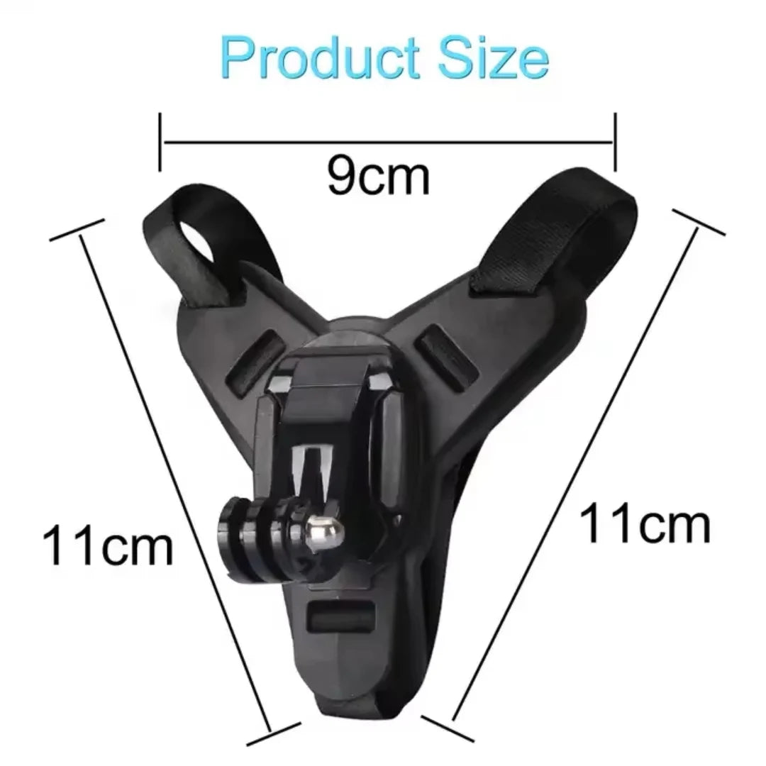 Black camera mount with measurements on a white background