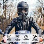 Person wearing a black helmet and leather jacket on a motorcycle with icons and text about product features.