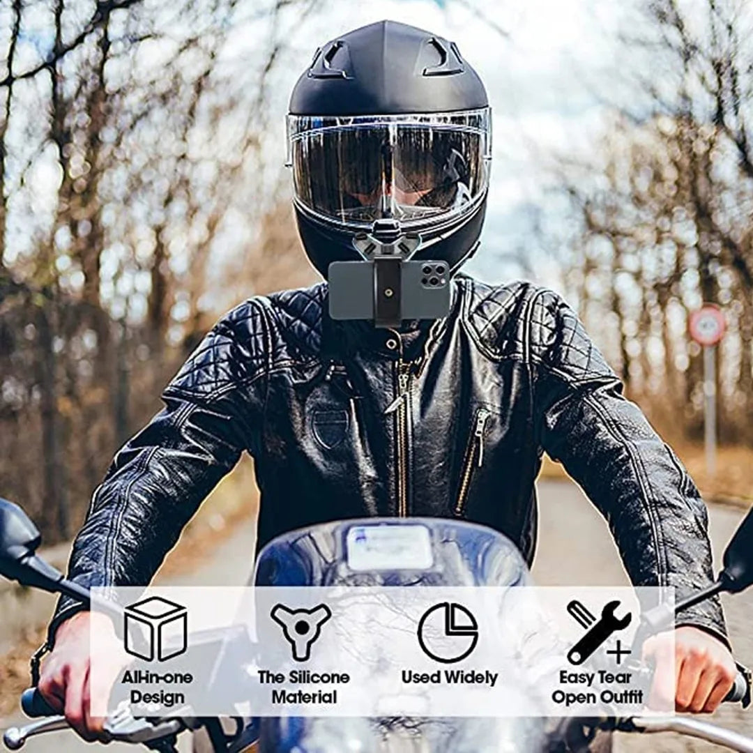 Person wearing a black helmet and leather jacket on a motorcycle with icons and text about product features.