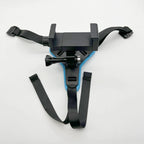 Black and blue camera mount with straps on a white background