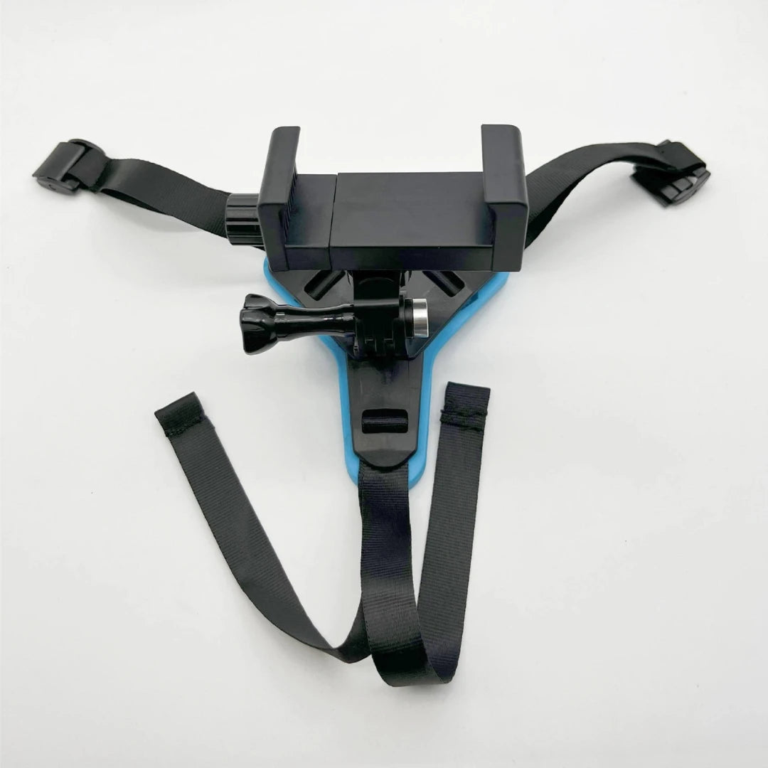 Black and blue camera mount with straps on a white background