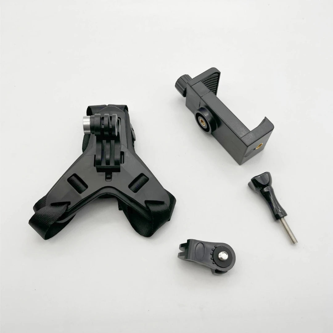 Black camera mount kit with additional parts on a white background