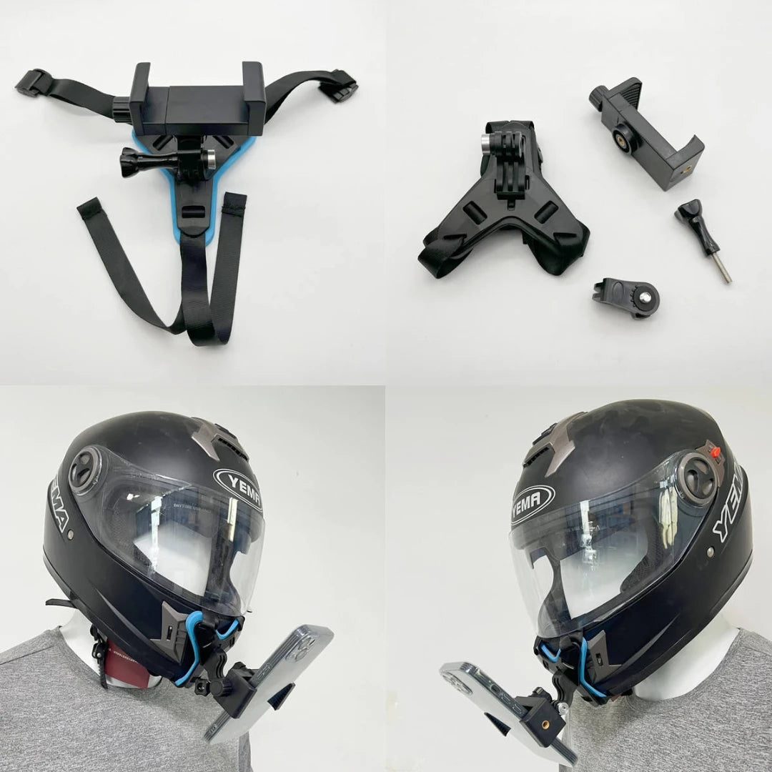 Helmet with attached visor and mounting bracket on a white background