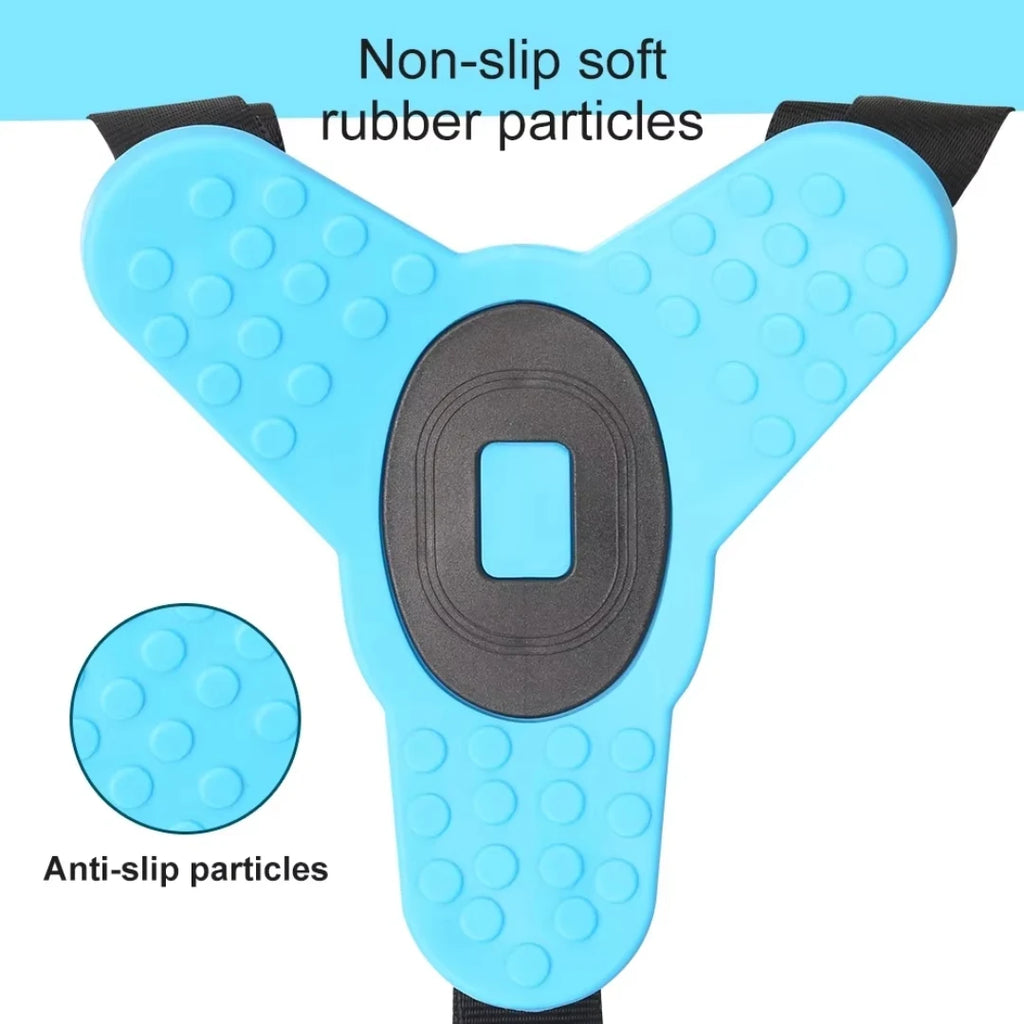 Blue anti-slip mat with text highlighting non-slip soft rubber particles and anti-slip particles.