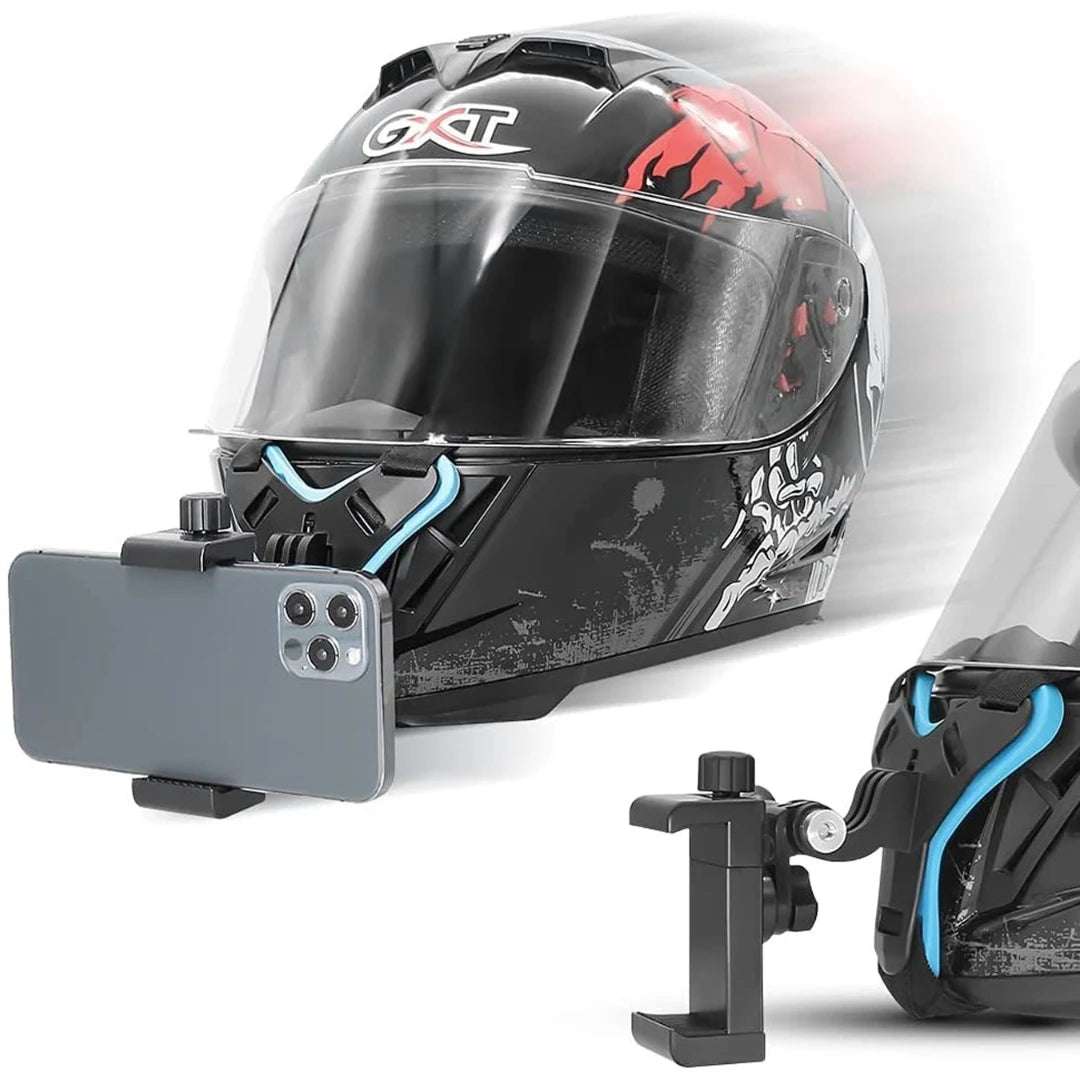 Motorcycle helmet with a phone mount on a white background