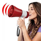Woman holding a red and white megaphone on a white background