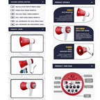 Product details of a red and white voice amplifier with control buttons and functions.