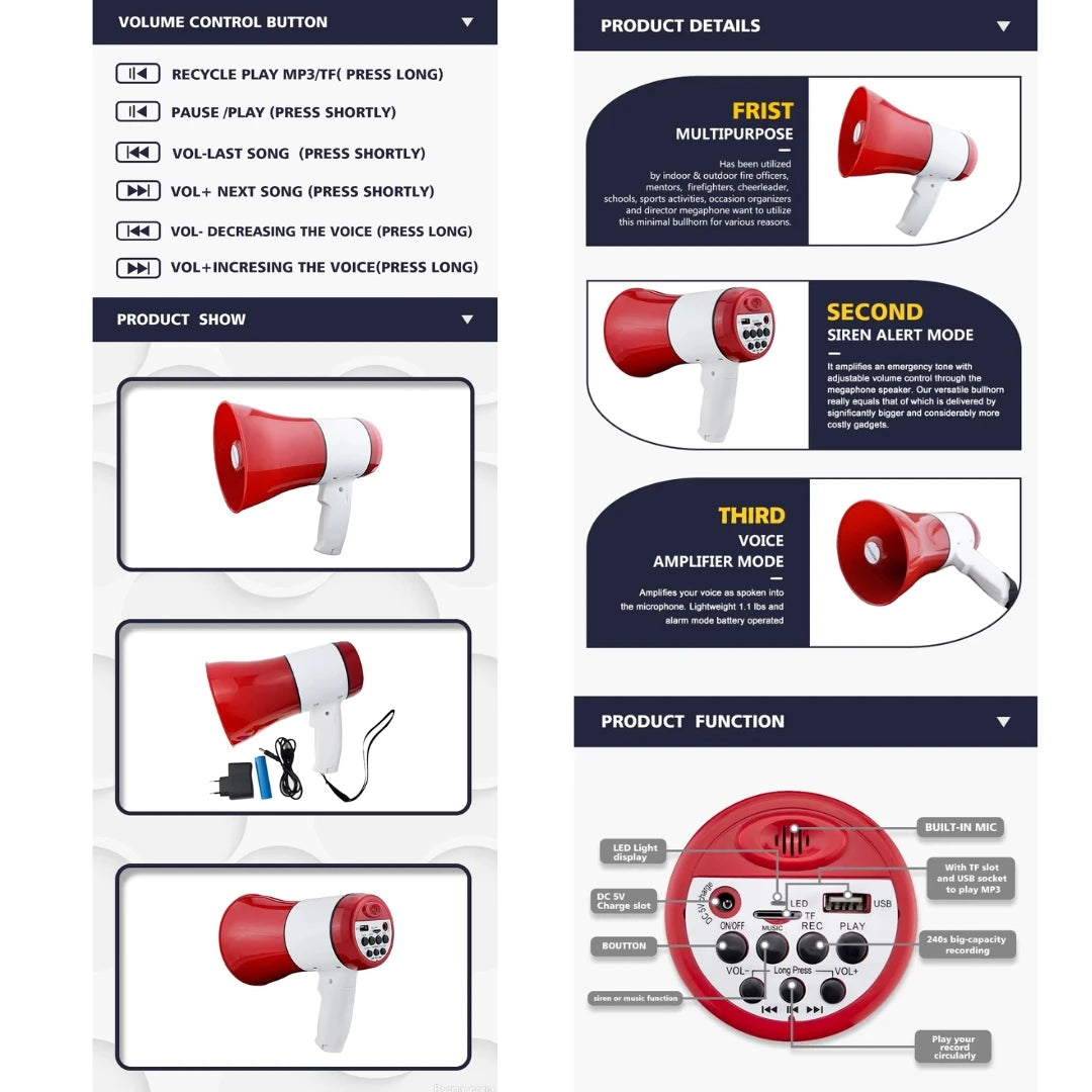 Product details of a red and white voice amplifier with control buttons and functions.