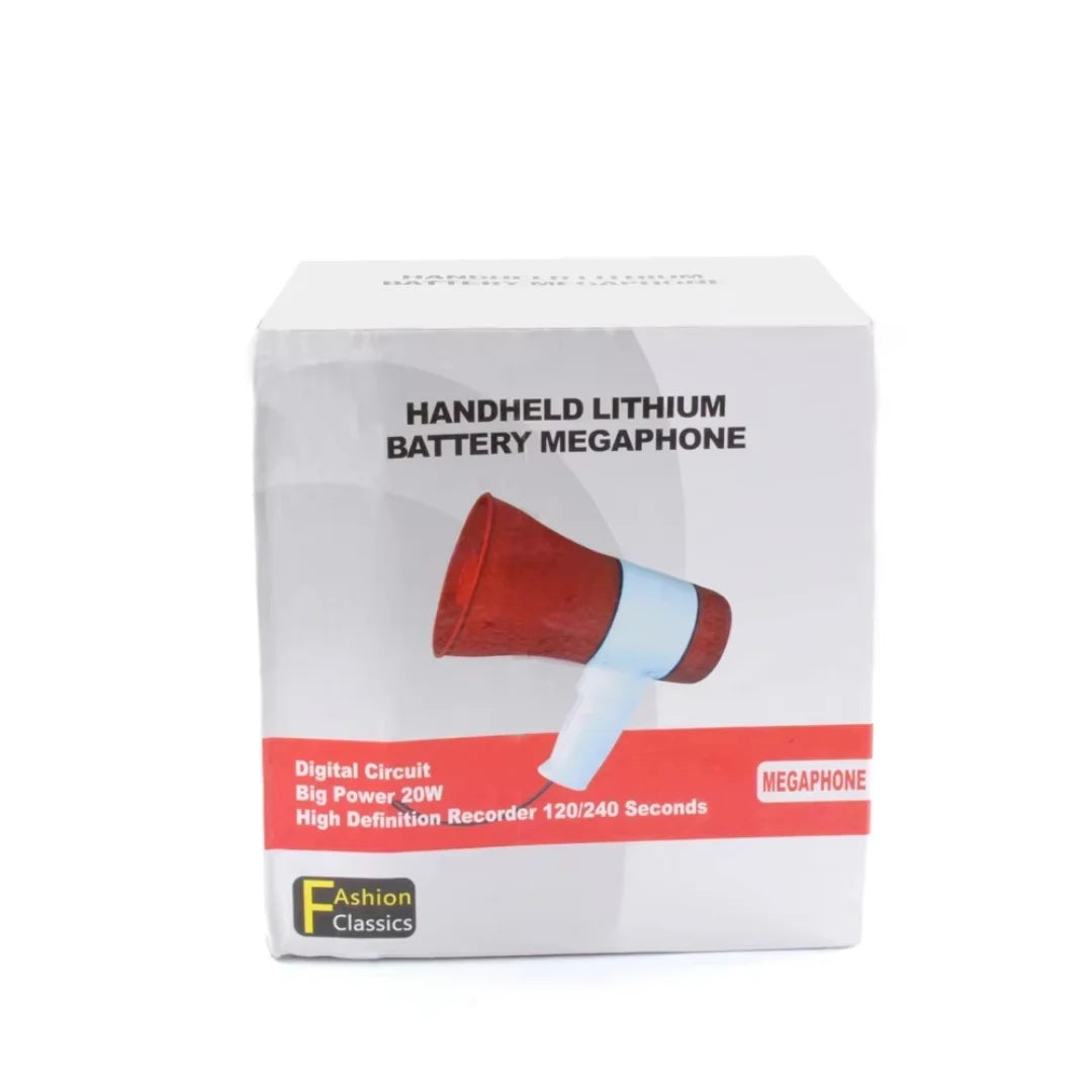 Box of a handheld lithium battery megaphone with a red megaphone illustration on a white background.