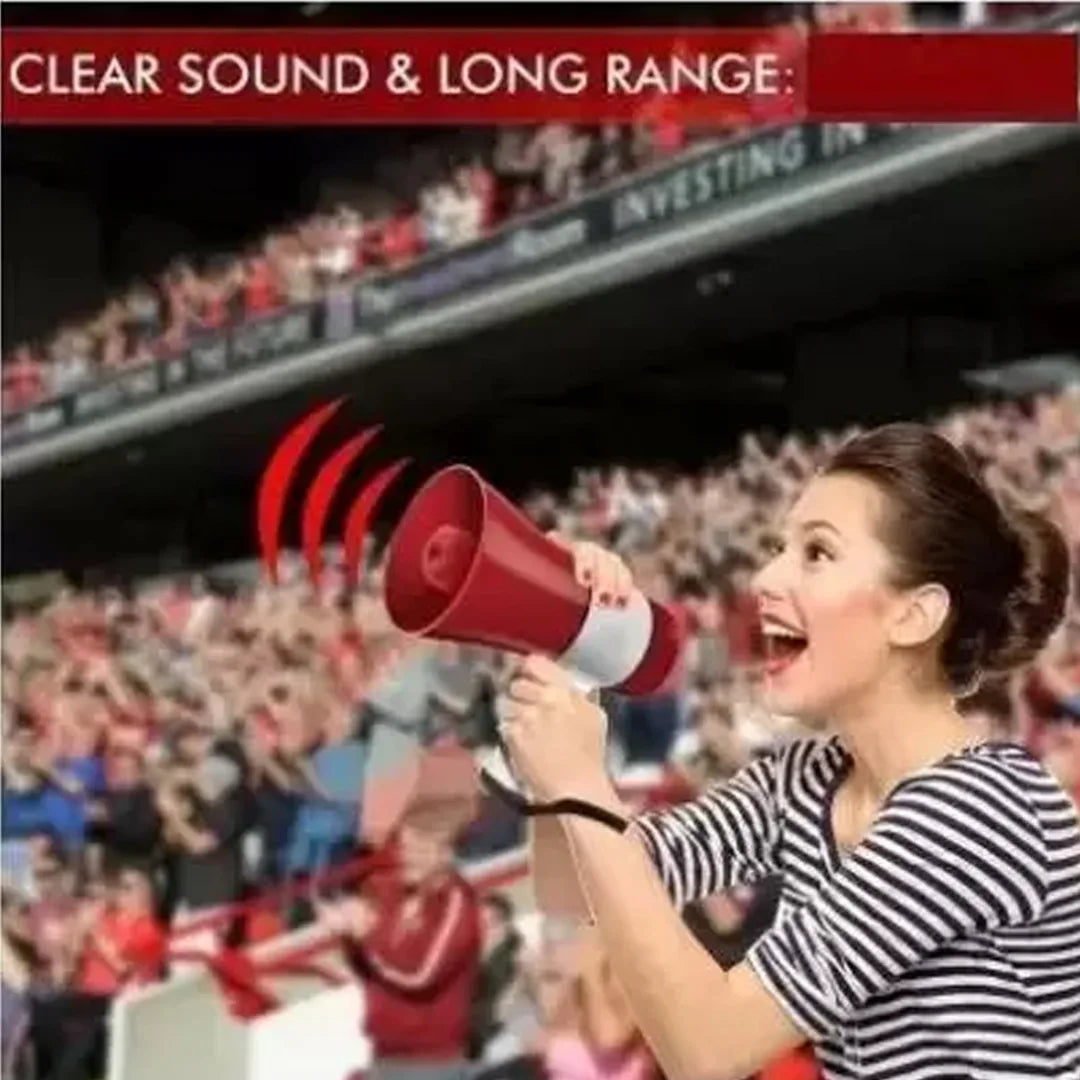 Woman using a megaphone in a stadium with text 'Clear Sound & Long Range'.
