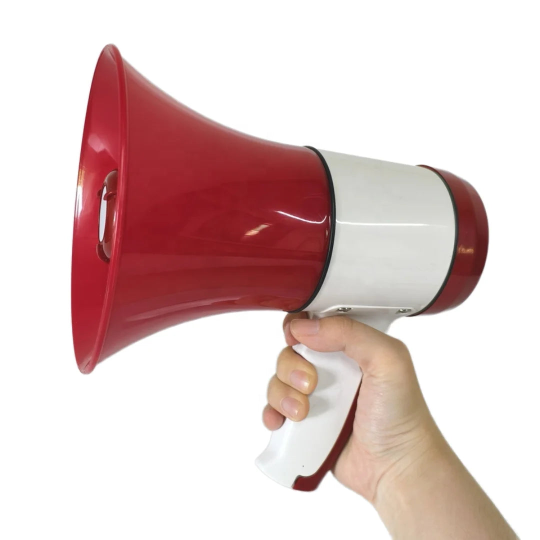 Red and white megaphone held by a hand on a white background