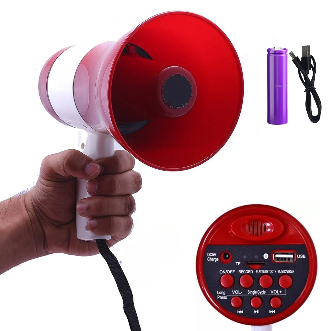Red and white megaphone held by a hand, with control panel and battery pack on a white background