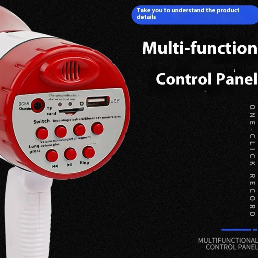 Red and white multi-function control panel with buttons and indicators on a black background