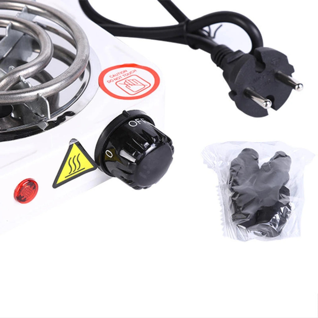 Electric heating element with plug, switch, and safety labels on a white background
