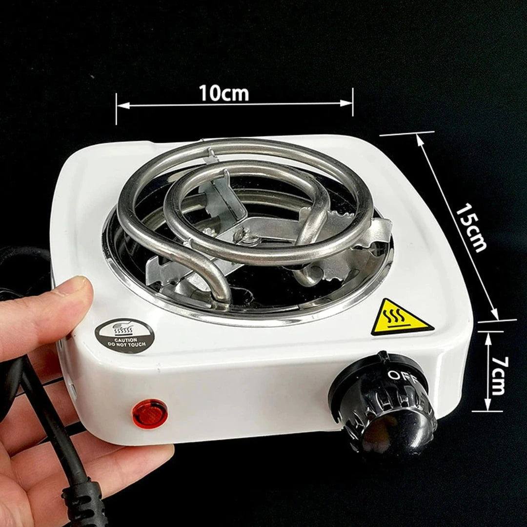 Small electric burner with dimensions labeled on a black background