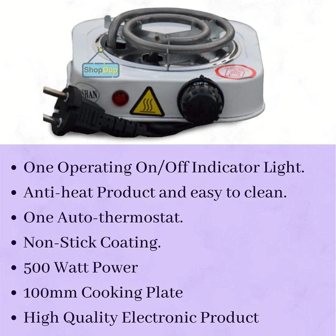 Portable electric stove with features listed on a white background