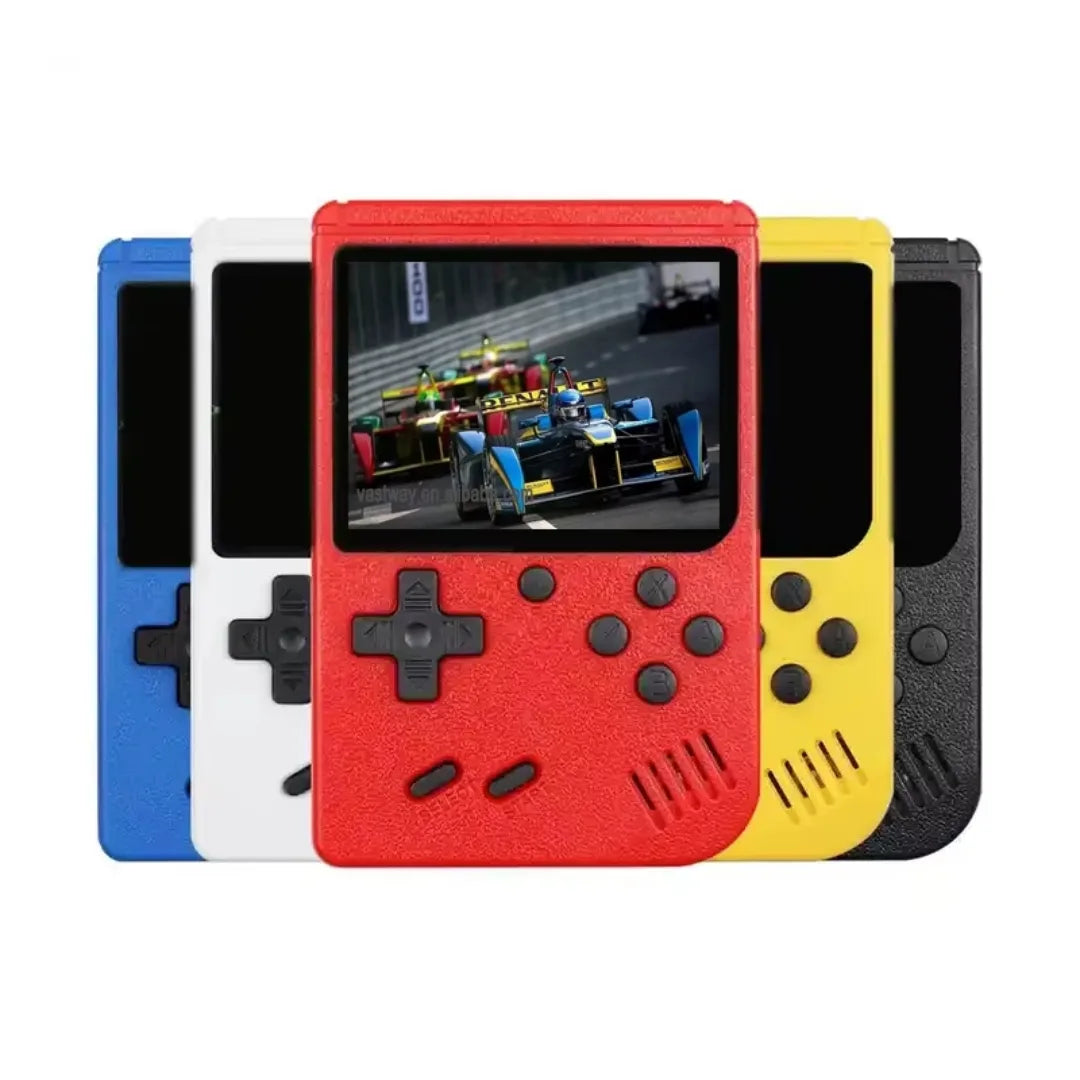 Collection of colorful handheld gaming consoles on a white background
