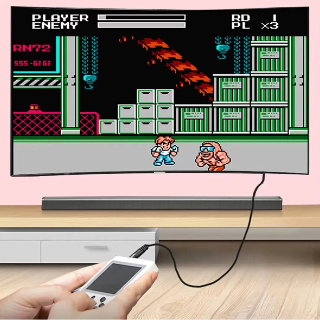 Hand holding a handheld gaming device connected to a TV displaying a retro video game.