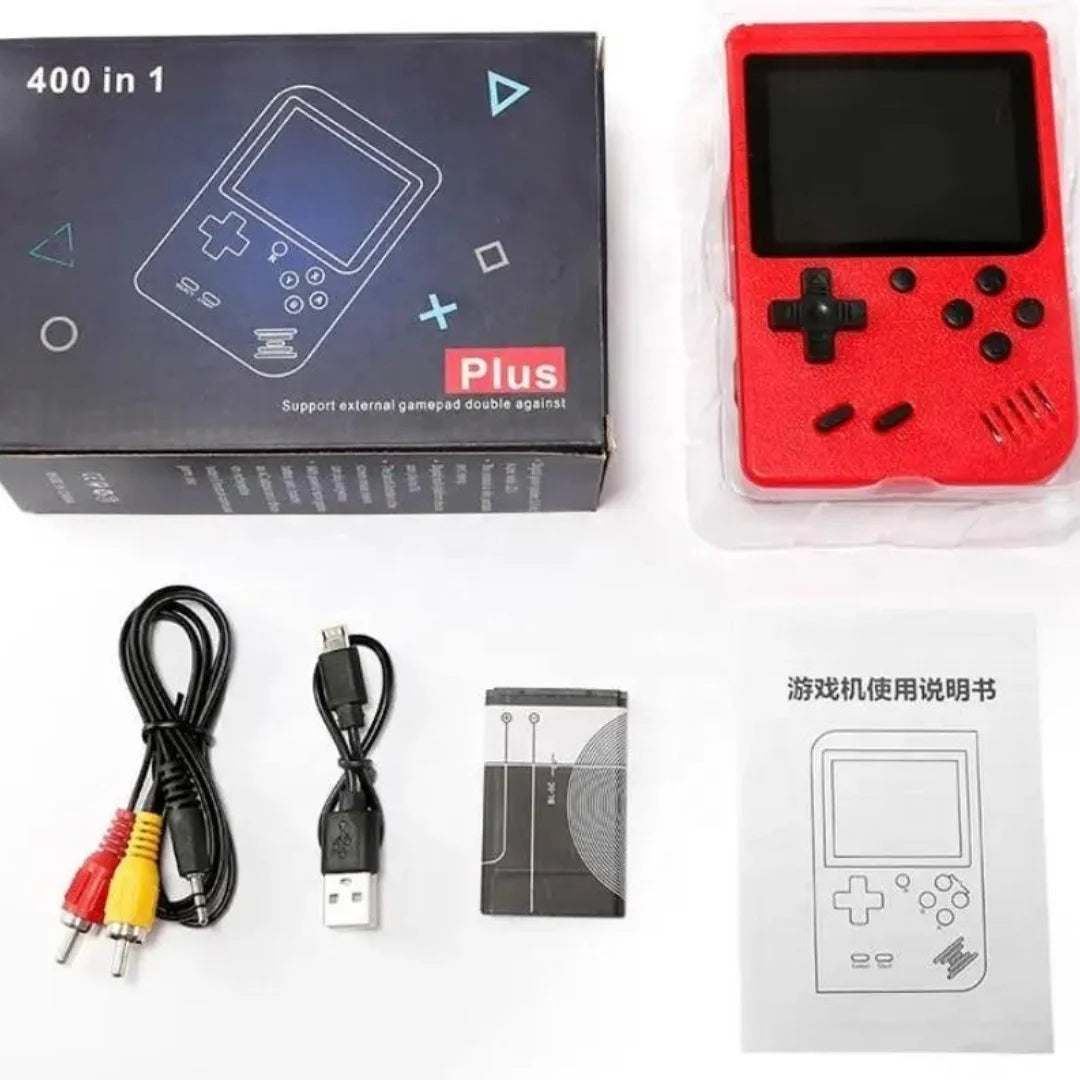 Red handheld game console with accessories and packaging on a white background