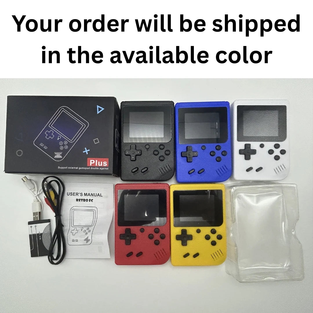 Collection of colorful handheld gaming consoles with packaging and accessories on a white background.
