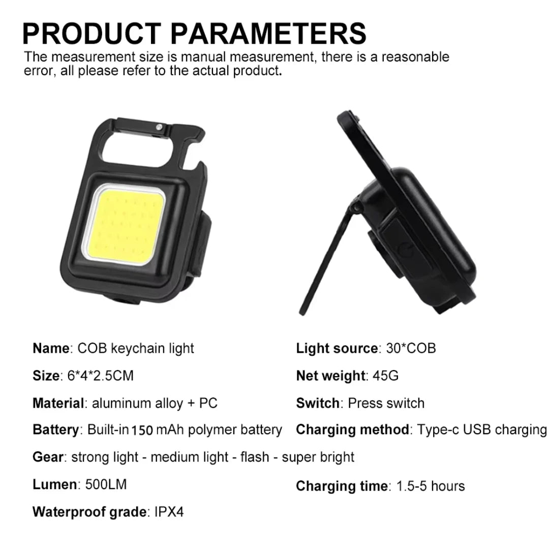 COB keychain light with specifications on a white background