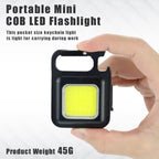 Hand holding a portable mini COB LED flashlight with text on a white background