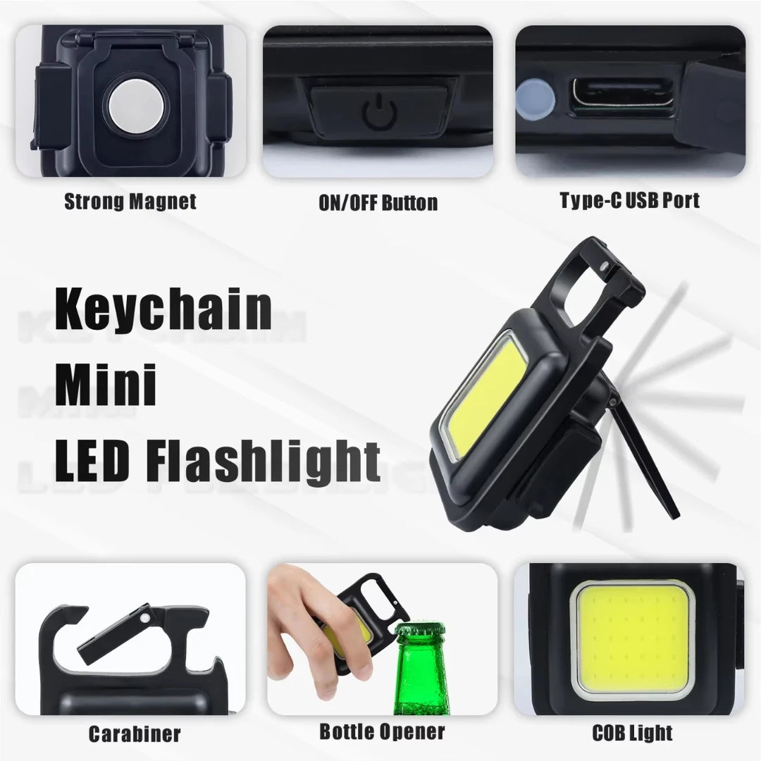 Keychain mini LED flashlight with features highlighted on a white background