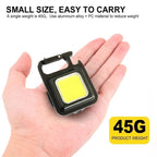 Small light device held in a hand with text about weight and material