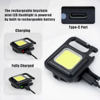 Rechargeable keychain mini LED flashlight with charging process and Type-C port on a white background.