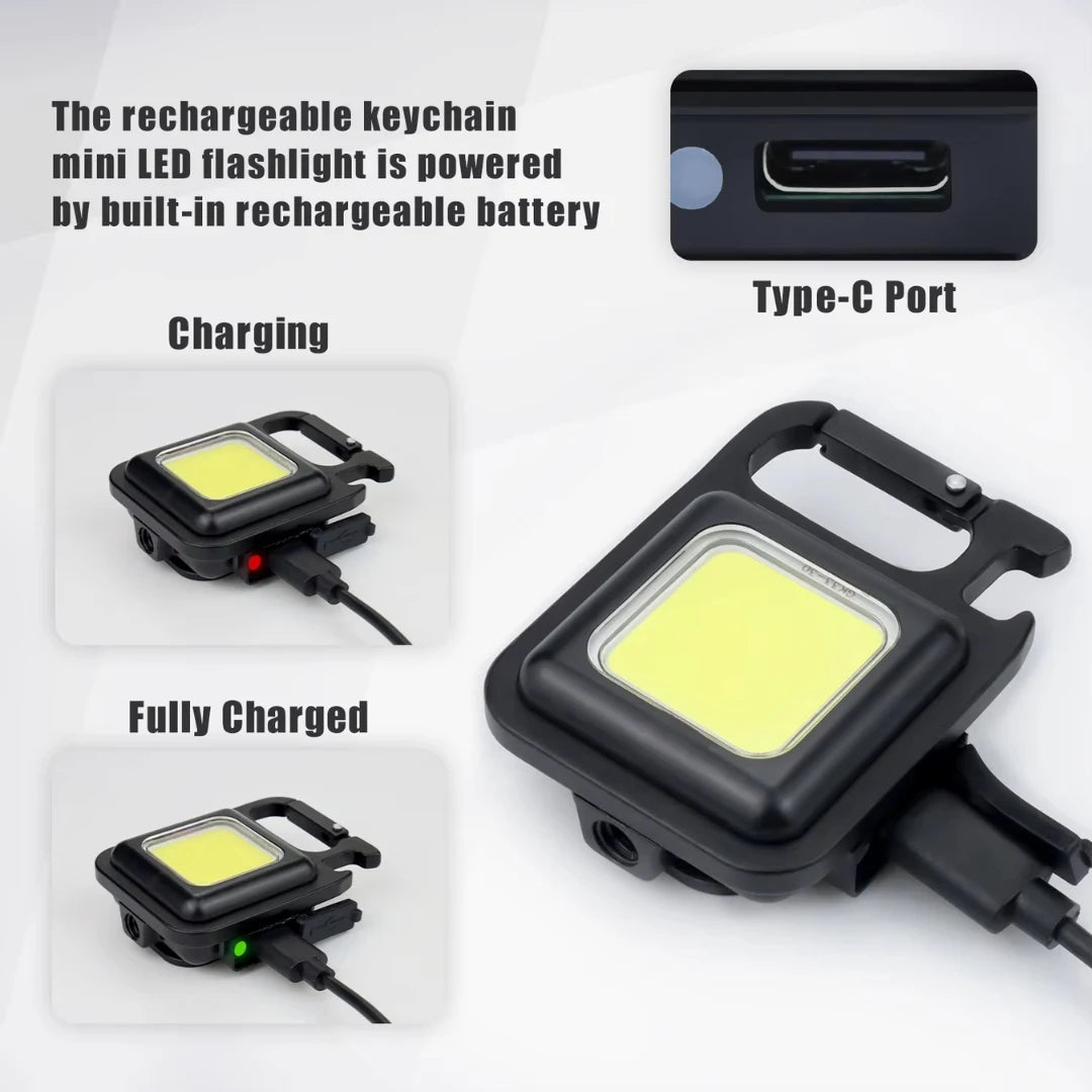 Rechargeable keychain mini LED flashlight with charging process and Type-C port on a white background.
