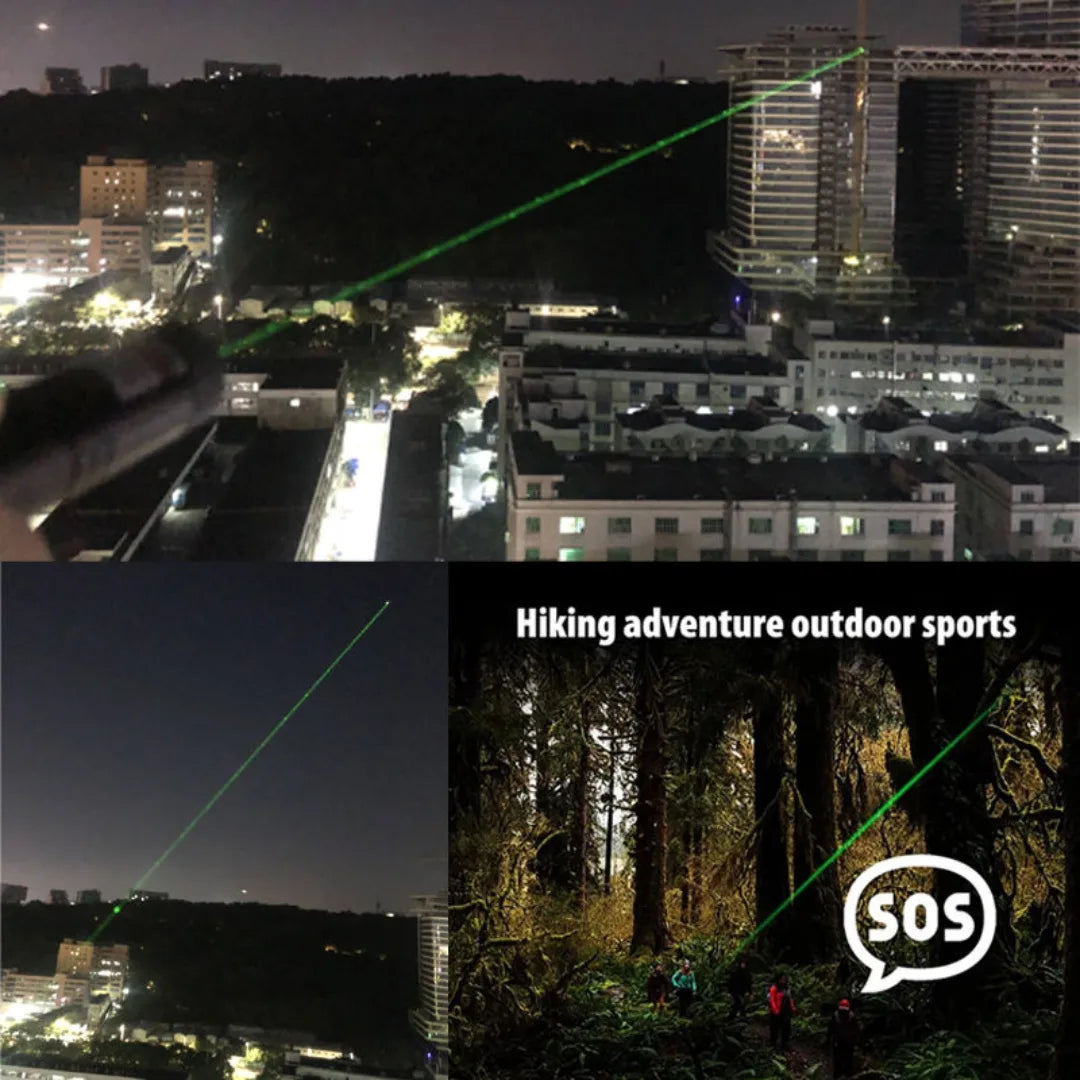 Top half shows a cityscape at night with a green laser beam, bottom left shows a dark sky with a green laser, bottom right shows people hiking in a forest with a green laser.