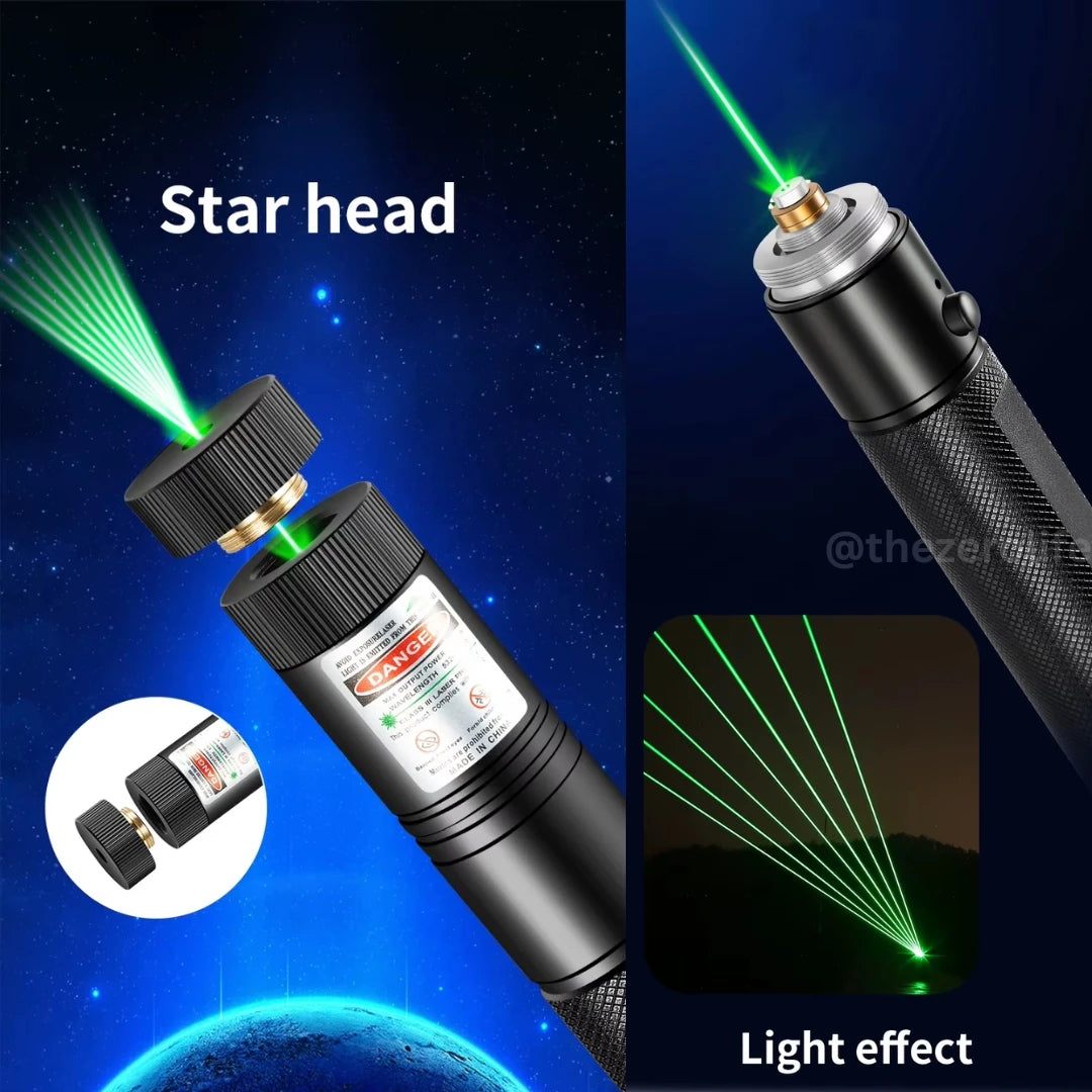 Laser pointer with star head feature and green light effect on a space-themed background