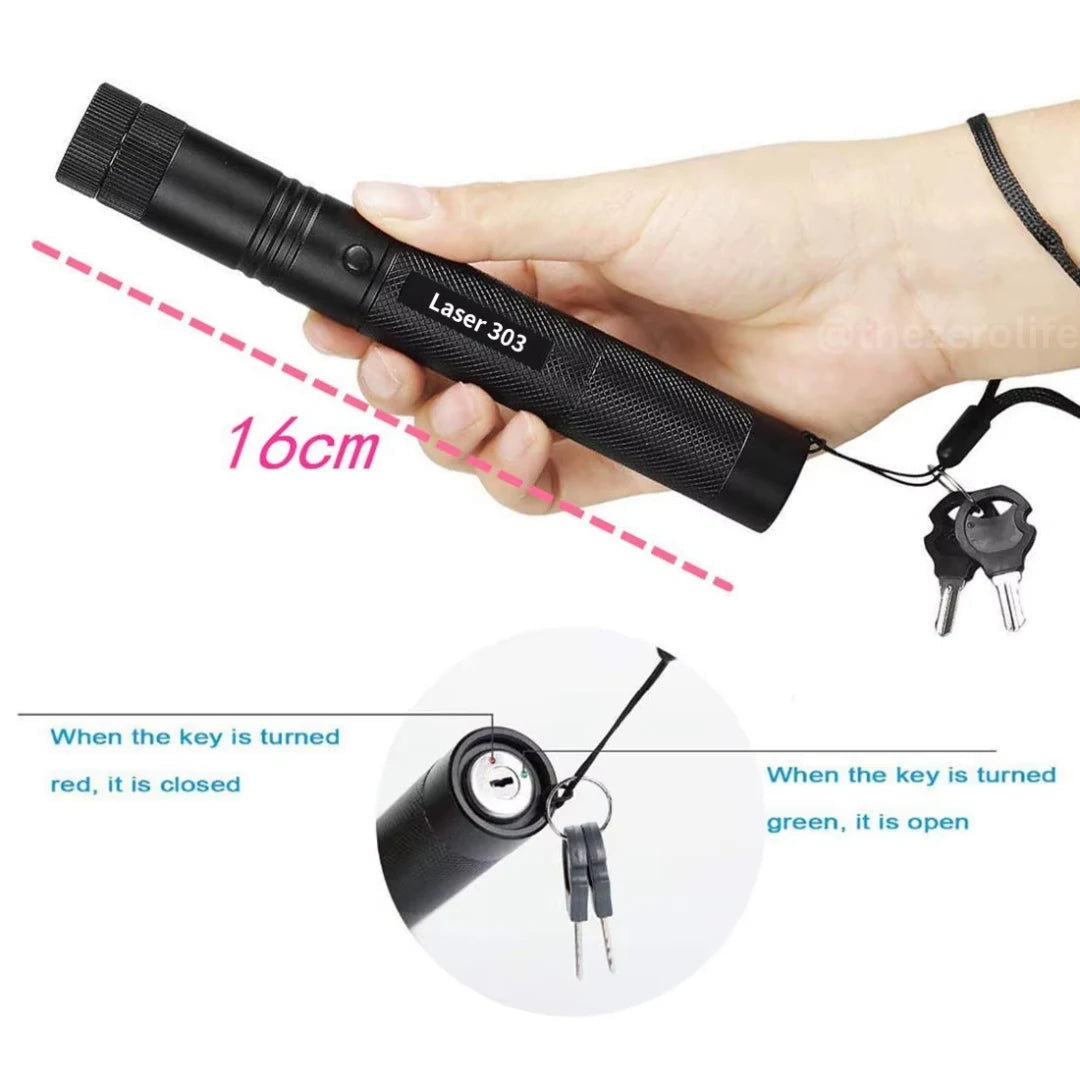 Black laser pointer held by a hand with keychain illustration showing lock mechanism