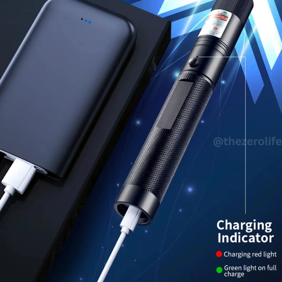 Black laser pointer with charging cable on a blue background