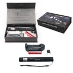 Green laser pointer with accessories and packaging on a white background