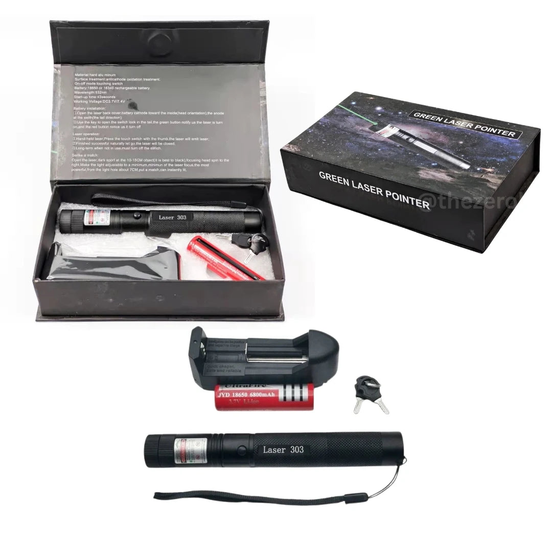 Green laser pointer with accessories and packaging on a white background