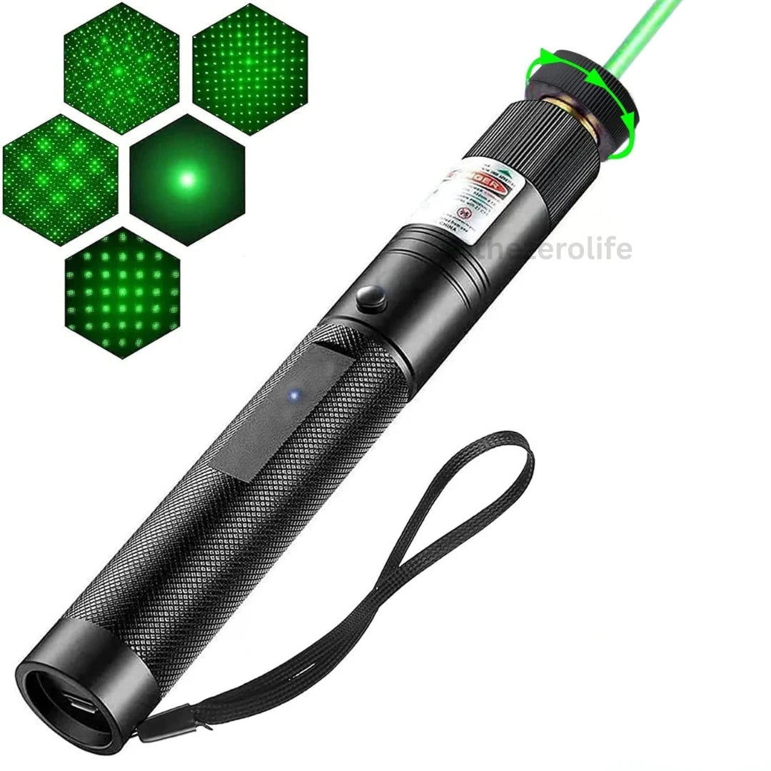 Black laser pointer with green laser beam and close-up of hexagonal patterns on a white background.