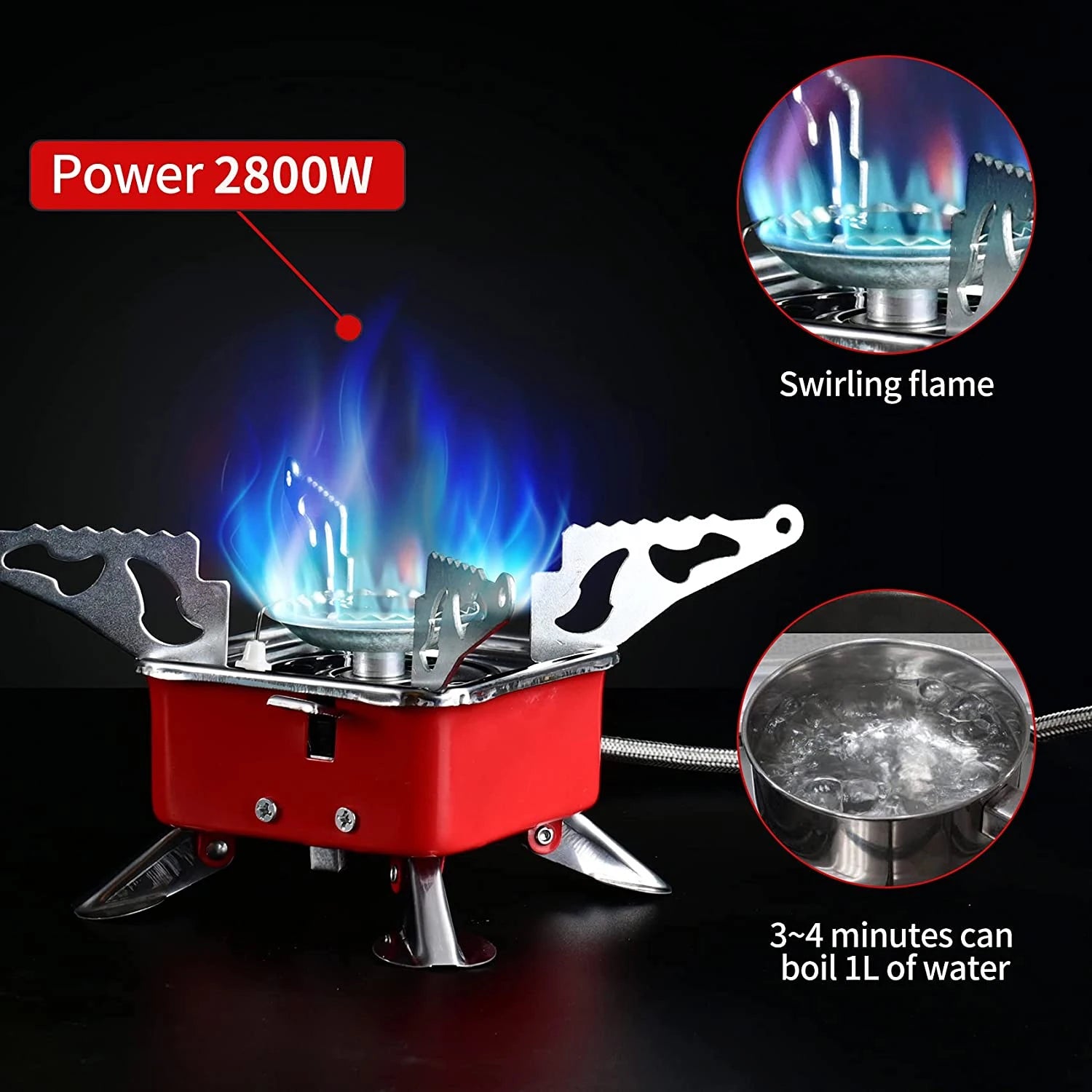 Red camping stove with blue flames and text highlighting power and boiling time, on a black background.