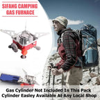 Camping gas furnace with a hiker on a mountain background