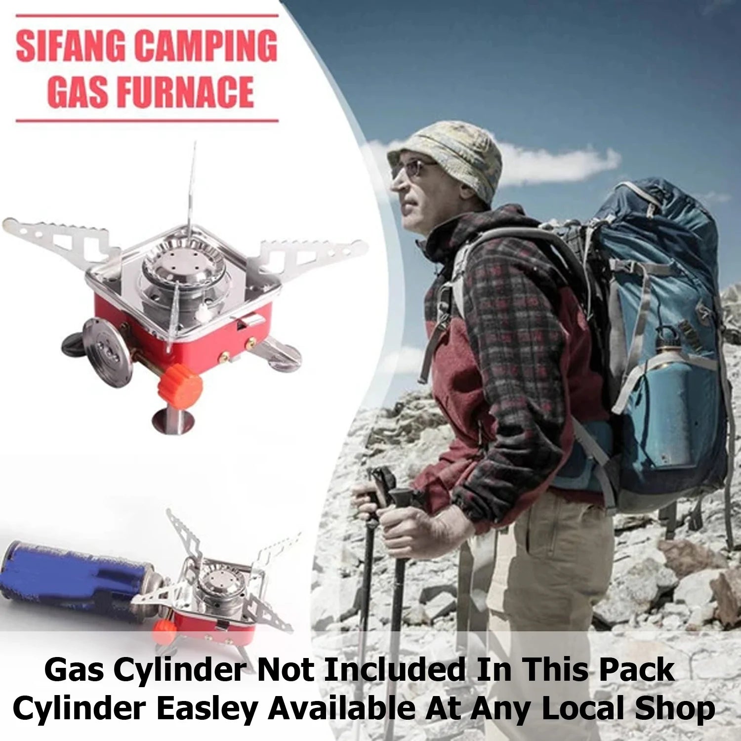Camping gas furnace with a hiker on a mountain background