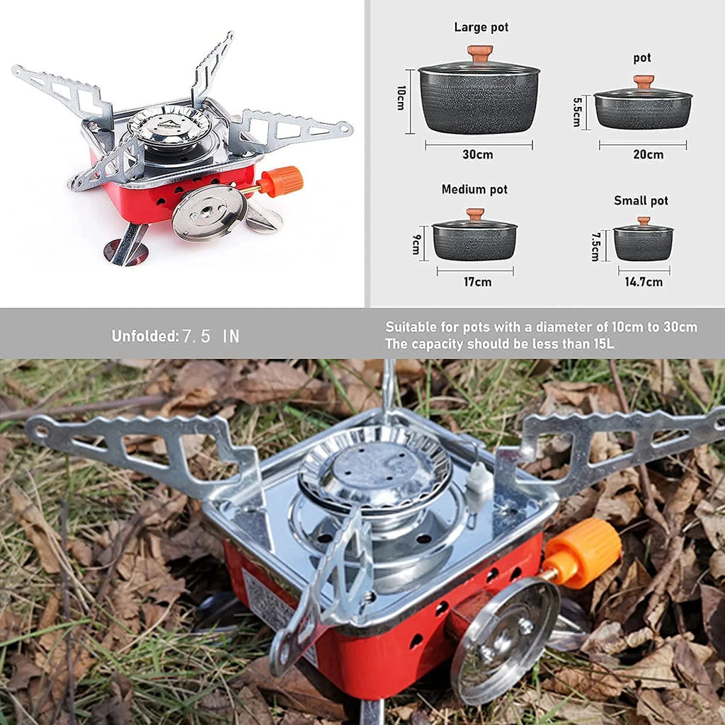 Portable camping stove with dimensions of pots and suitable pot sizes displayed.