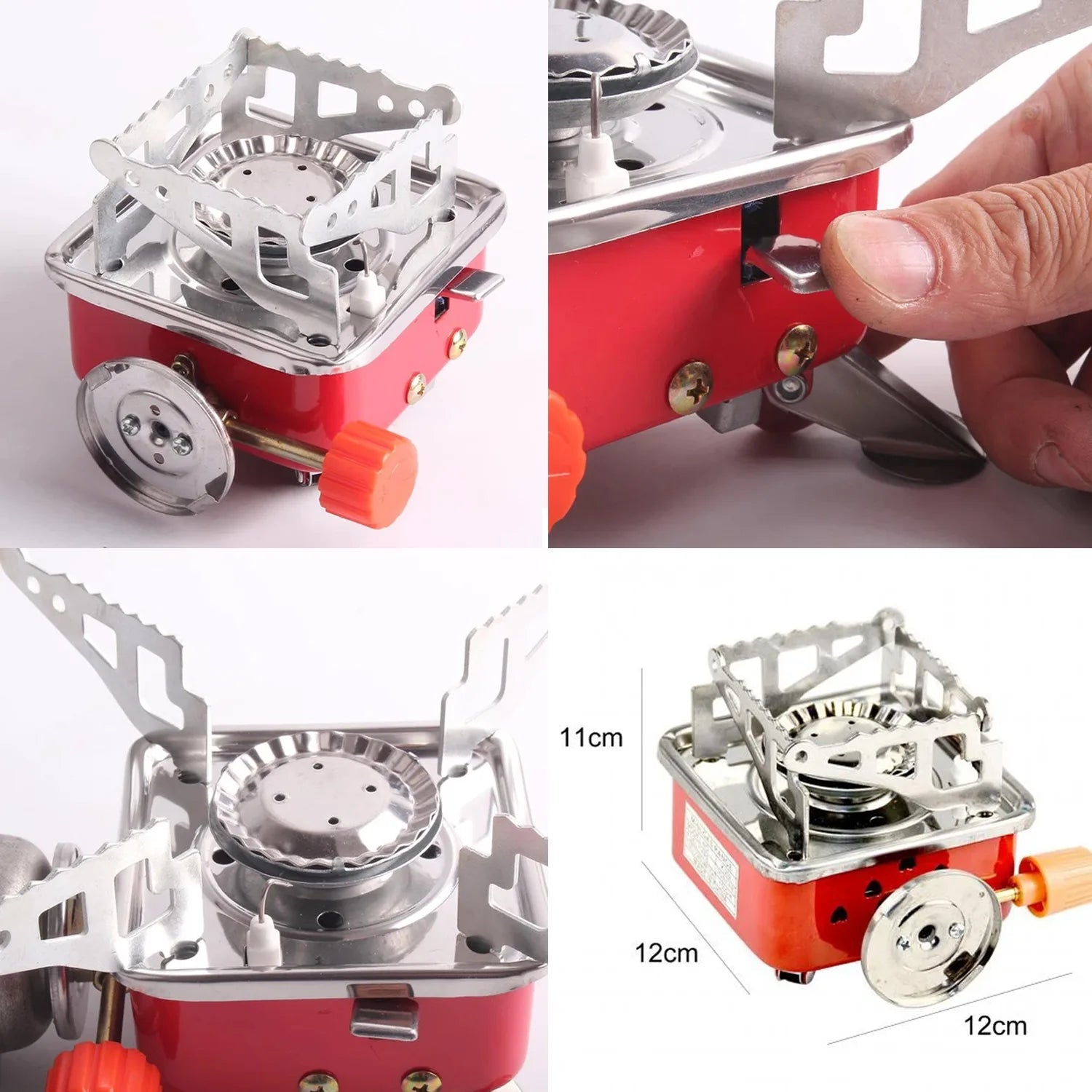 Collage of a red camping stove with close-up details and dimensions.