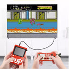 Two hands holding red handheld gaming consoles with a screen displaying a 'Teenage Mutant Ninja Turtles' video game.