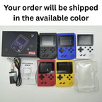 Collection of colorful handheld gaming consoles with packaging and accessories on a white background.