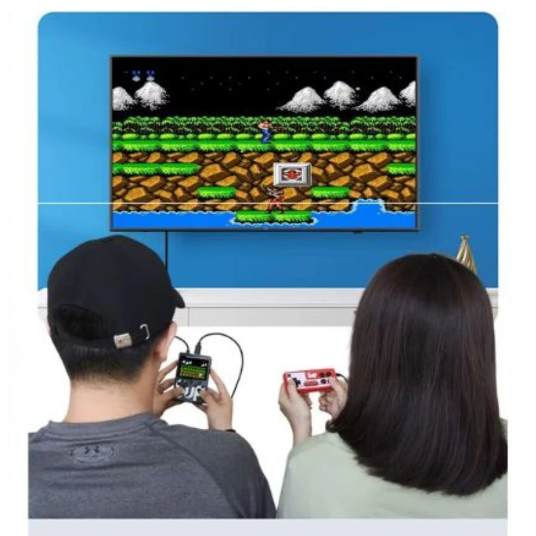Two people playing a classic video game on a small screen with a blue background