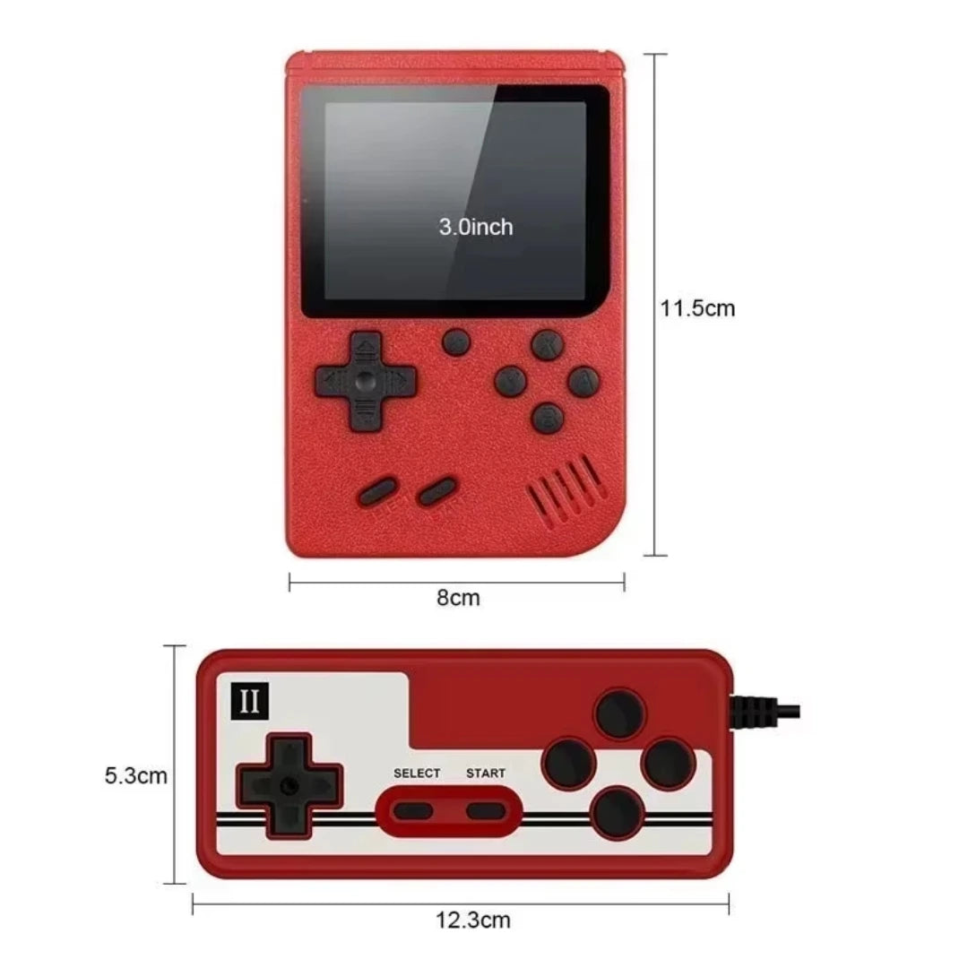 Red handheld game console with dimensions on a white background
