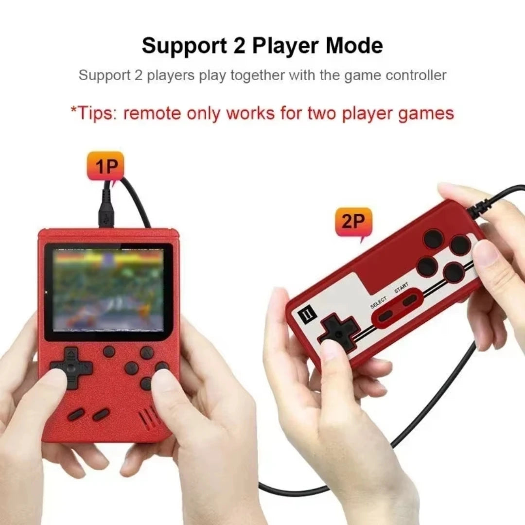 Two hands holding red handheld gaming consoles with a game displayed on the screen, connected by a cable.