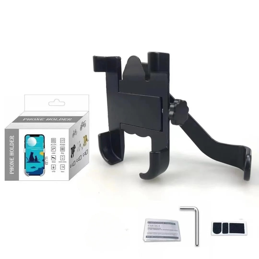 Black phone holder with packaging, battery, and tool on a white background